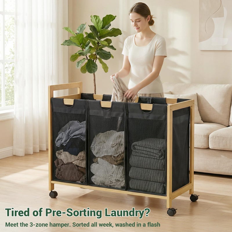 Homykic 250L Laundry Sorter Cart with Wheels, 3-Section Rolling Laundry Basket with Removable Bags, 66 Gal Large Laundry Hamper Organizer, Heavy Duty Bamboo Frame, Water-Resistant, Black - Image 4