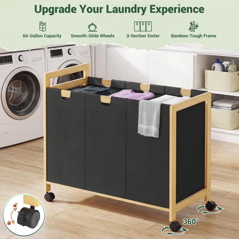 Homykic 250L Laundry Sorter Cart with Wheels, 3-Section Rolling Laundry Basket with Removable Bags, 66 Gal Large Laundry Hamper Organizer, Heavy Duty Bamboo Frame, Water-Resistant, Black - Image 2