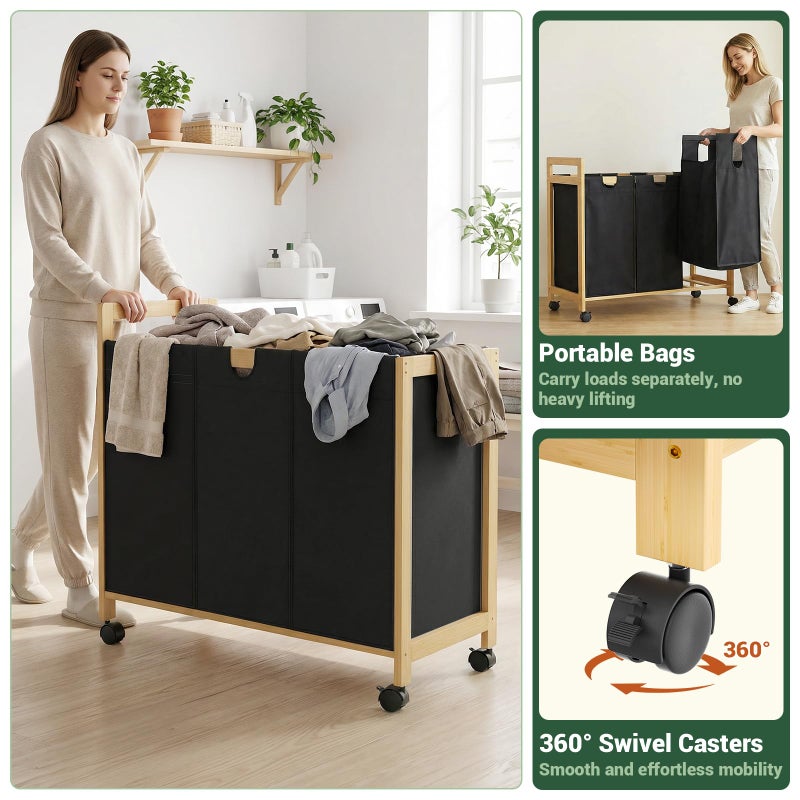 Homykic 250L Laundry Sorter Cart with Wheels, 3-Section Rolling Laundry Basket with Removable Bags, 66 Gal Large Laundry Hamper Organizer, Heavy Duty Bamboo Frame, Water-Resistant, Black - Image 5