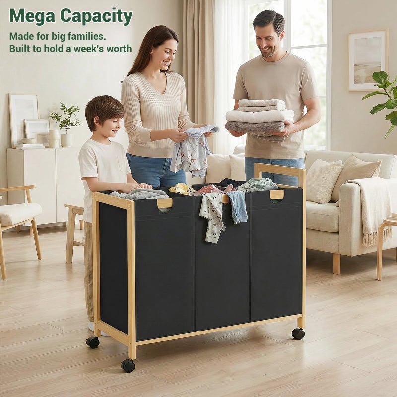 Homykic 250L Laundry Sorter Cart with Wheels, 3-Section Rolling Laundry Basket with Removable Bags, 66 Gal Large Laundry Hamper Organizer, Heavy Duty Bamboo Frame, Water-Resistant, Black - Image 3