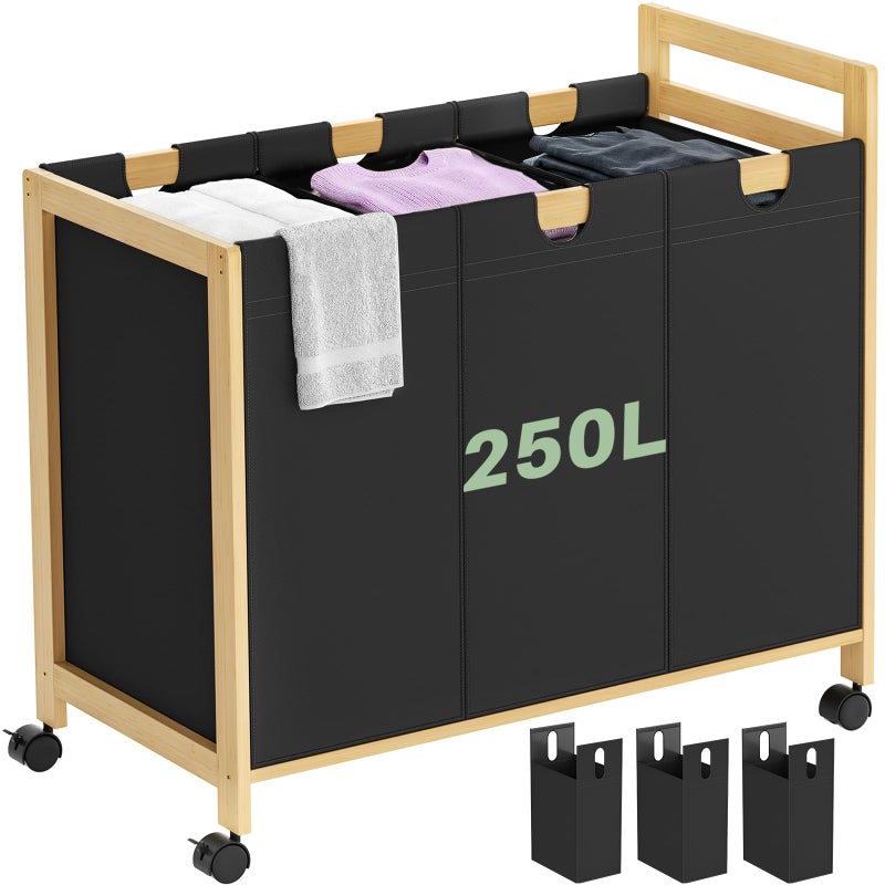 Homykic 250L Laundry Sorter Cart with Wheels, 3-Section Rolling Laundry Basket with Removable Bags, 66 Gal Large Laundry Hamper Organizer, Heavy Duty Bamboo Frame, Water-Resistant, Black - Image 1