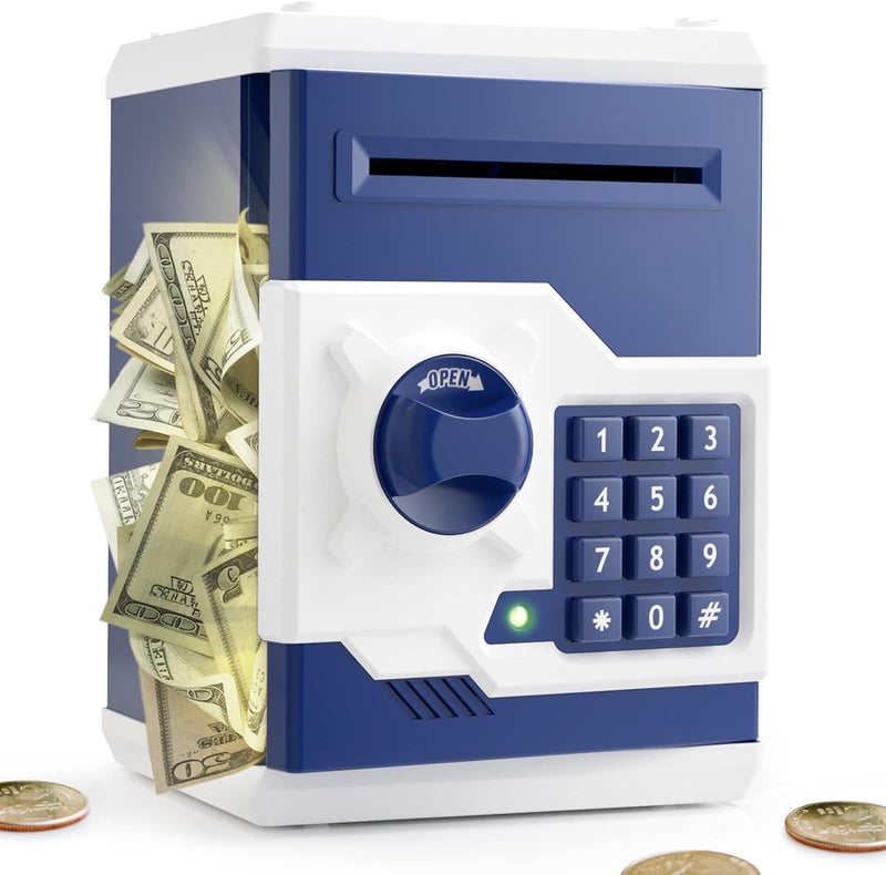 Playsheek Piggy Bank for Girls Boys Large Electronic Money Coin Banks with Password Protection Automatic Paper Money Scroll Saving Box Great Gift for KidsBlueWhite - Image 2