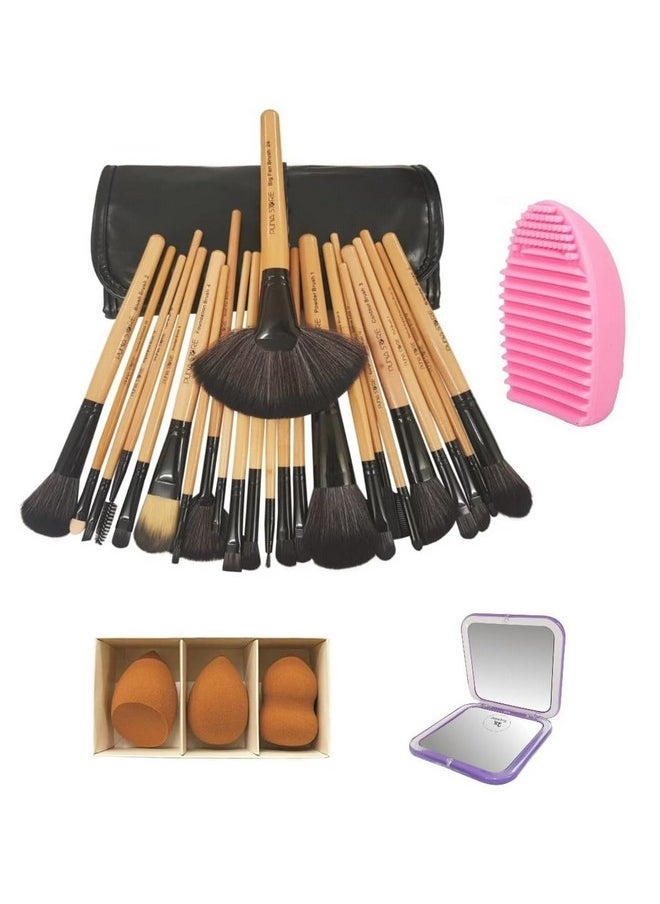 Puna Store - Combo Set Of 24 Piece Premium Synthetic Makeup Brush Set (Bamboo) With 3Pc Makeup Blender Set, Makeup Brush Cleaning Egg, Pocket Makeup Mirror, Cruelty Free Vegan Brushes - Image 1
