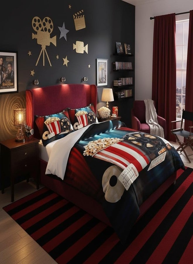 Homewish طقم لحاف سينمائي من هوم ويش، مقاس كوين، طقم مفروشات بتصميم تذاكر سينما عتيقة، مناسب لتزيين غرف نوم الأطفال (بنين وبنات)، حشوة لحاف بتصميم فشار، لحاف بتصميم شريط فيلم مع غطاءين للوسائد - Image 4