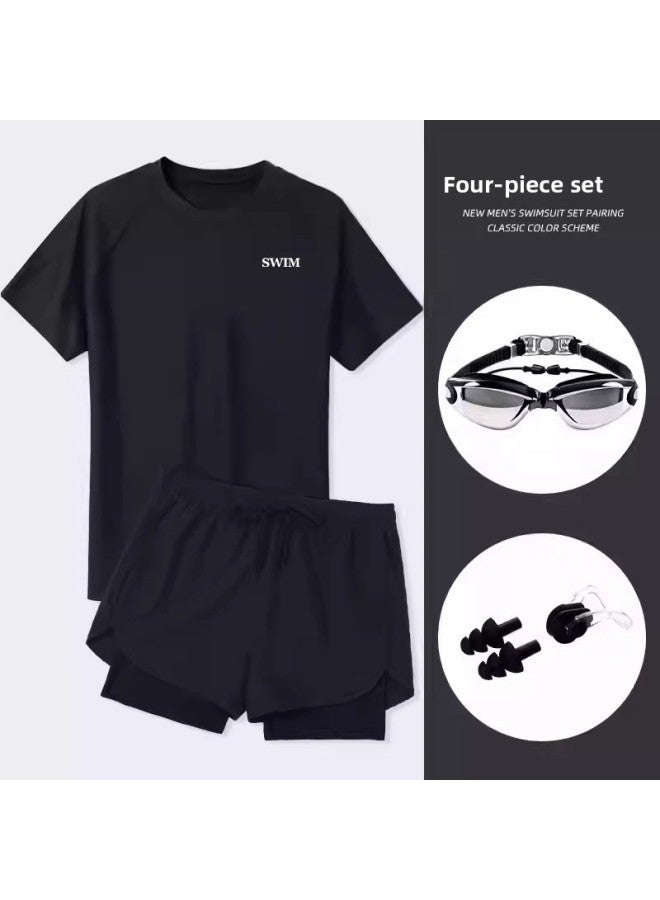 Loquat Swimsuit Men's Professional Black Anti-embarrassment Plus Size Double-layer Swimming Trunks Men's Swimsuit Hot Spring Suit Men's Full Set-Color:Black Four-piece Suit (swimsuit + Swimming Trunks + Go - Image 1