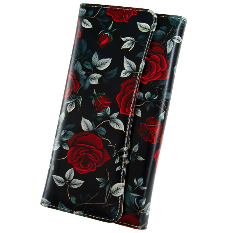 Kaabao Womens Wallet Leather RFID Blocking Trifold Ladies Purse long Clutch Credit Card Holder Phone Checkbook Organizer (Red Roses) - Image 1