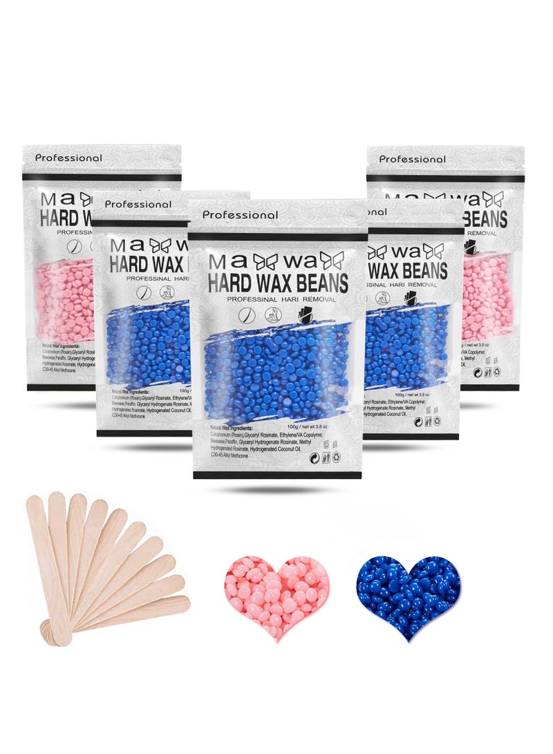 Hard Wax Beads for Hair Removal with 10 Sticks, Wax Beads for Sensitive Skin, Body Wax Beads for Thick Hair, Waxing Beads for Face, Eyebrows, Body, Home(100g/pack) (5pack, Rose+Chamomile) - Image 1