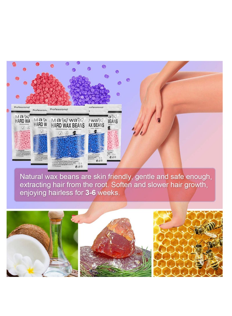 Hard Wax Beads for Hair Removal with 10 Sticks, Wax Beads for Sensitive Skin, Body Wax Beads for Thick Hair, Waxing Beads for Face, Eyebrows, Body, Home(100g/pack) (5pack, Rose+Chamomile) - Image 2