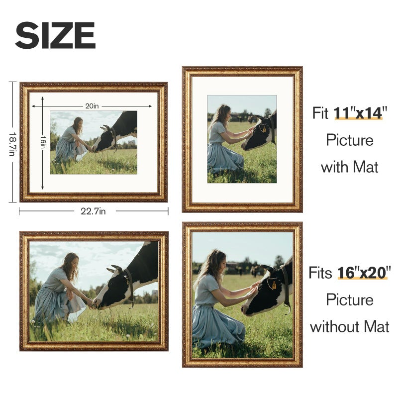 Splinterix 16x20 Gold Picture Frame, Ornate Vintage Picture Frames for Wall or Tabletop Display, 16 x 20 Photo Frame Gold with Non Glare Plexialass, Display Poster 11x14 with Mat or 16x20 without Mat for Antique DÃ©co - Image 5