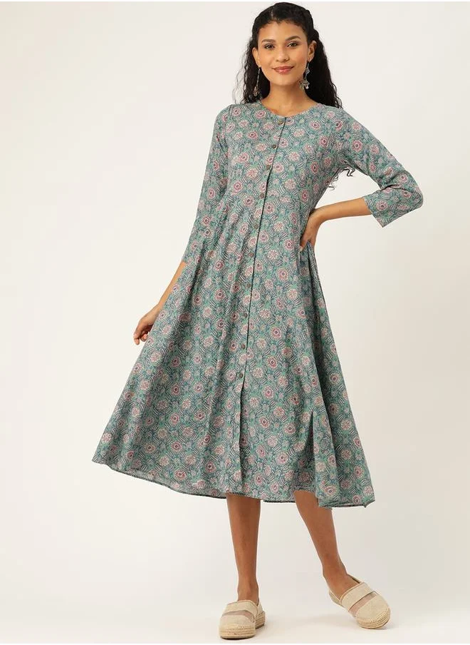 SASSAFRAS Floral Print A-Line Shirt Midi Dress by Styli