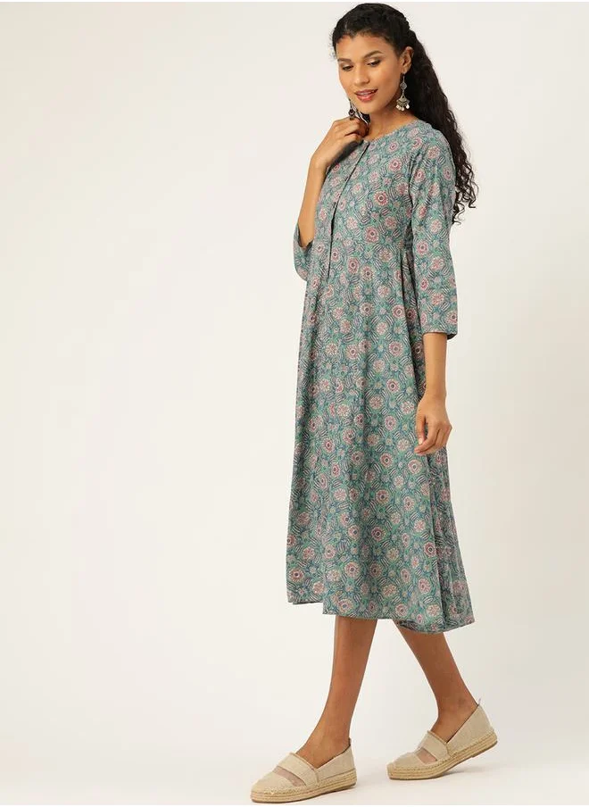 SASSAFRAS Floral Print A-Line Shirt Midi Dress by Styli