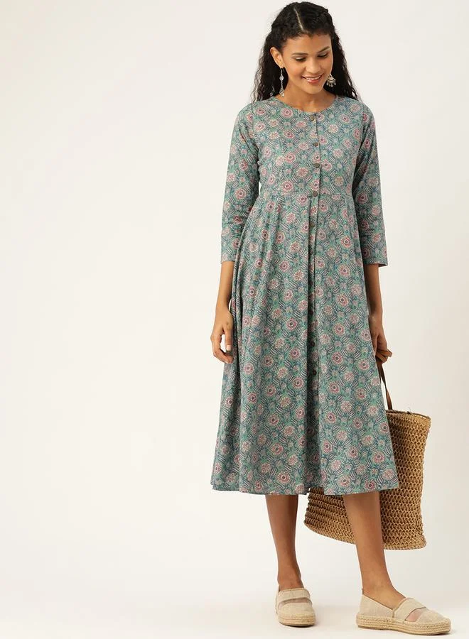 ساسافراس Floral Print A-Line Shirt Midi Dress by Styli
