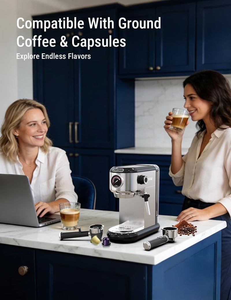 COSTAR Coffee Maker Machine for Home, Professional 20 Bar Espresso Machine for Ground Coffee&Capsules, Compact Stainless Steel Espresso Maker with Milk Frother Wand for Cappuccino, Latte, 1450W - Image 2