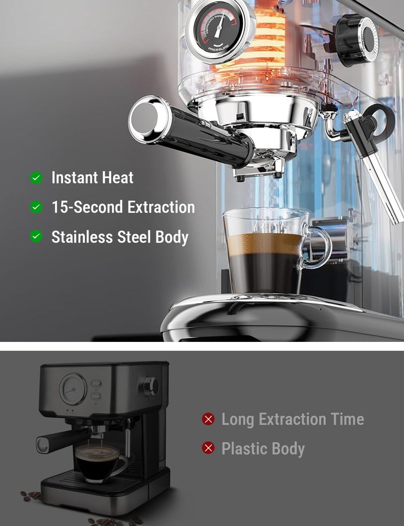 COSTAR Coffee Maker Machine for Home, Professional 20 Bar Espresso Machine for Ground Coffee&Capsules, Compact Stainless Steel Espresso Maker with Milk Frother Wand for Cappuccino, Latte, 1450W - Image 3