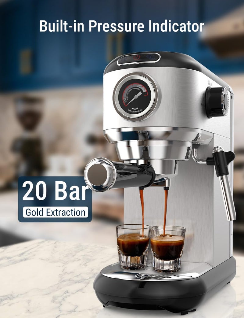 COSTAR Coffee Maker Machine for Home, Professional 20 Bar Espresso Machine for Ground Coffee&Capsules, Compact Stainless Steel Espresso Maker with Milk Frother Wand for Cappuccino, Latte, 1450W - Image 4
