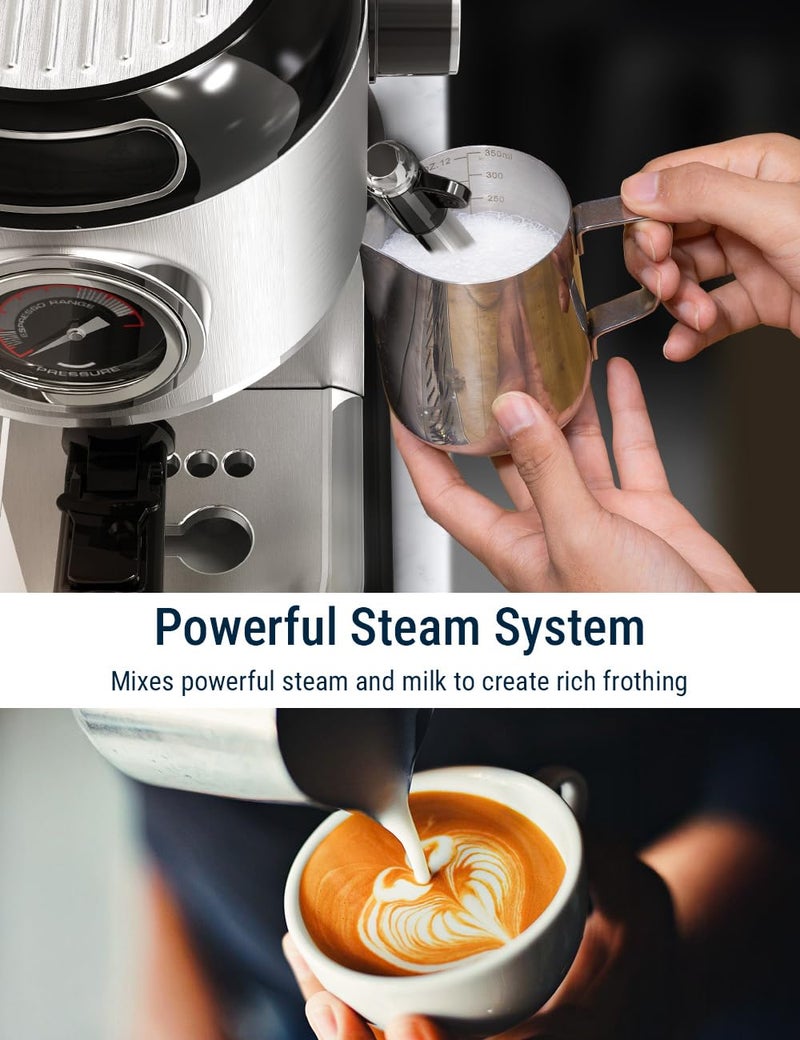 COSTAR Coffee Maker Machine for Home, Professional 20 Bar Espresso Machine for Ground Coffee&Capsules, Compact Stainless Steel Espresso Maker with Milk Frother Wand for Cappuccino, Latte, 1450W - Image 5