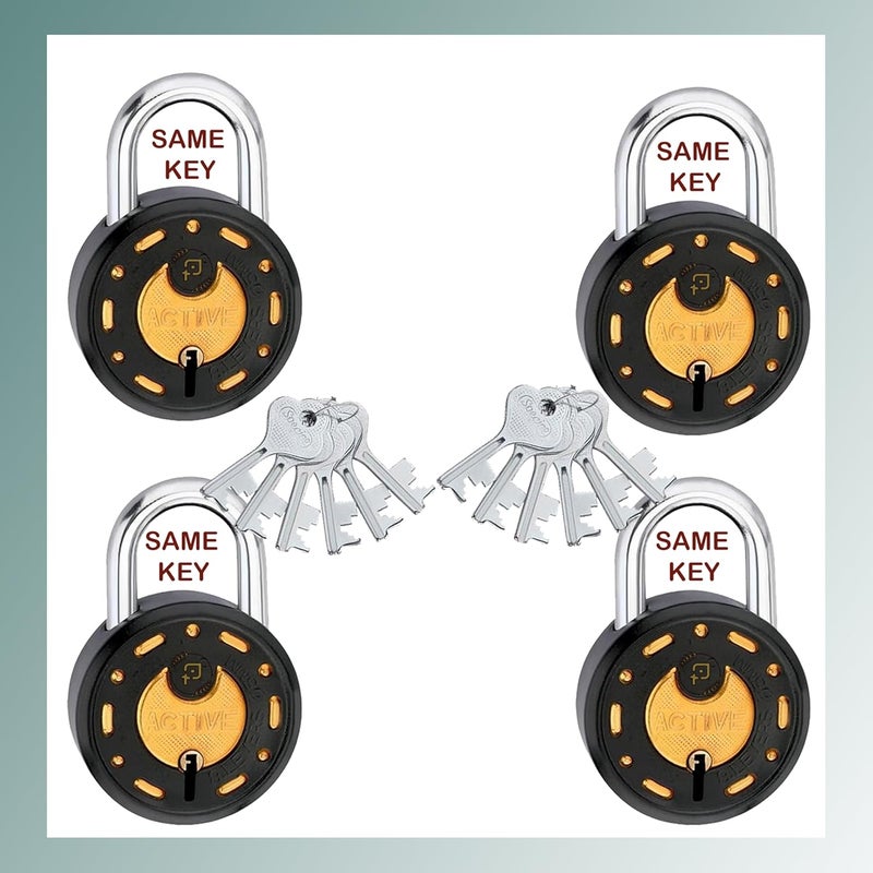 ONEPRO Azco Round Locks Small Size 50mm 12 Same Keys with 4 Padlocks | 8 Levers Double Locking | Lock and Keys for Home Door Shop Gate Office Locker, Black Gold Finish (Pack of 4) - Image 1