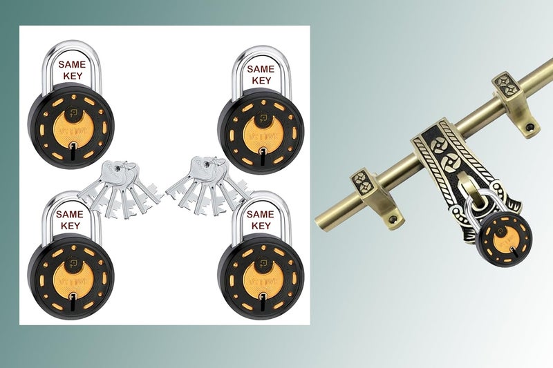 ONEPRO Azco Round Locks Small Size 50mm 12 Same Keys with 4 Padlocks | 8 Levers Double Locking | Lock and Keys for Home Door Shop Gate Office Locker, Black Gold Finish (Pack of 4) - Image 4