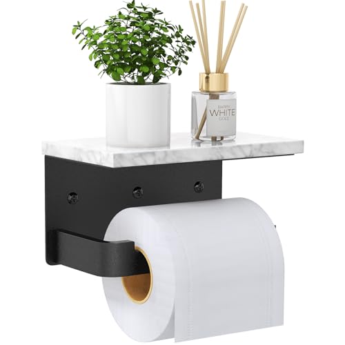 Gypie Toilet Paper Holder with Shelf, Extended Base Wall Mounted, Marble Toilet Roll Holder Black for Bathroom Washroom - Image 1