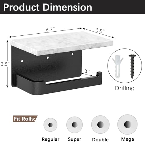 Gypie Toilet Paper Holder with Shelf, Extended Base Wall Mounted, Marble Toilet Roll Holder Black for Bathroom Washroom - Image 3