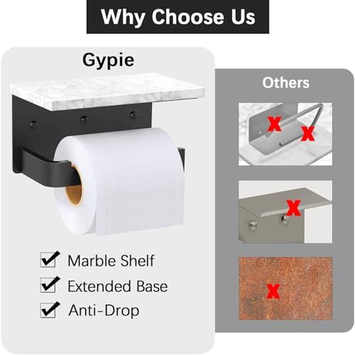 Gypie Toilet Paper Holder with Shelf, Extended Base Wall Mounted, Marble Toilet Roll Holder Black for Bathroom Washroom - Image 4