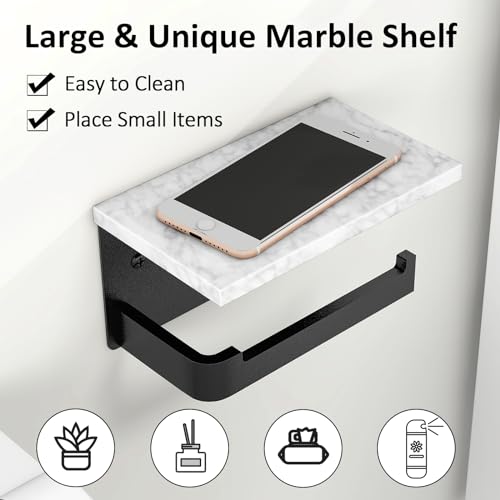 Gypie Toilet Paper Holder with Shelf, Extended Base Wall Mounted, Marble Toilet Roll Holder Black for Bathroom Washroom - Image 5