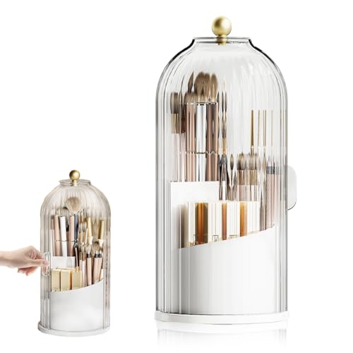 MAYCREATE® Makeup Brush Holder Organizer with Lid, 360° Rotatable Makeup Brushes Storage Case, Dustproof Clear 3-Grid Cosmetic Organizer Stand for Vanity Desktop Bathroom - Image 1