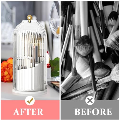 MAYCREATE® Makeup Brush Holder Organizer with Lid, 360° Rotatable Makeup Brushes Storage Case, Dustproof Clear 3-Grid Cosmetic Organizer Stand for Vanity Desktop Bathroom - Image 5