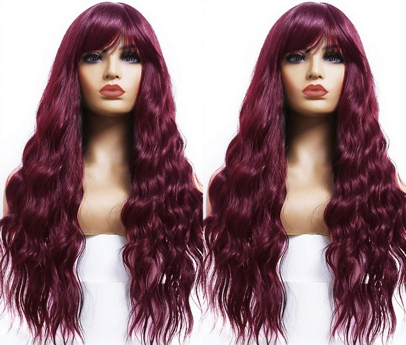 ANDRIA 99j Wig with Bangs Burgundy Wine Red Color Wigs Wet and Wavy Long Loose Curly Wave Synthetic Heat Resistant Fiber Black Ombre Burgundy Hair For Women 24 Inches - Image 3
