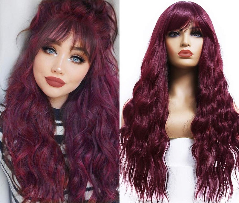 ANDRIA 99j Wig with Bangs Burgundy Wine Red Color Wigs Wet and Wavy Long Loose Curly Wave Synthetic Heat Resistant Fiber Black Ombre Burgundy Hair For Women 24 Inches - Image 1