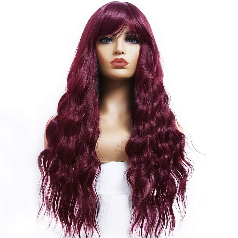 ANDRIA 99j Wig with Bangs Burgundy Wine Red Color Wigs Wet and Wavy Long Loose Curly Wave Synthetic Heat Resistant Fiber Black Ombre Burgundy Hair For Women 24 Inches - Image 2