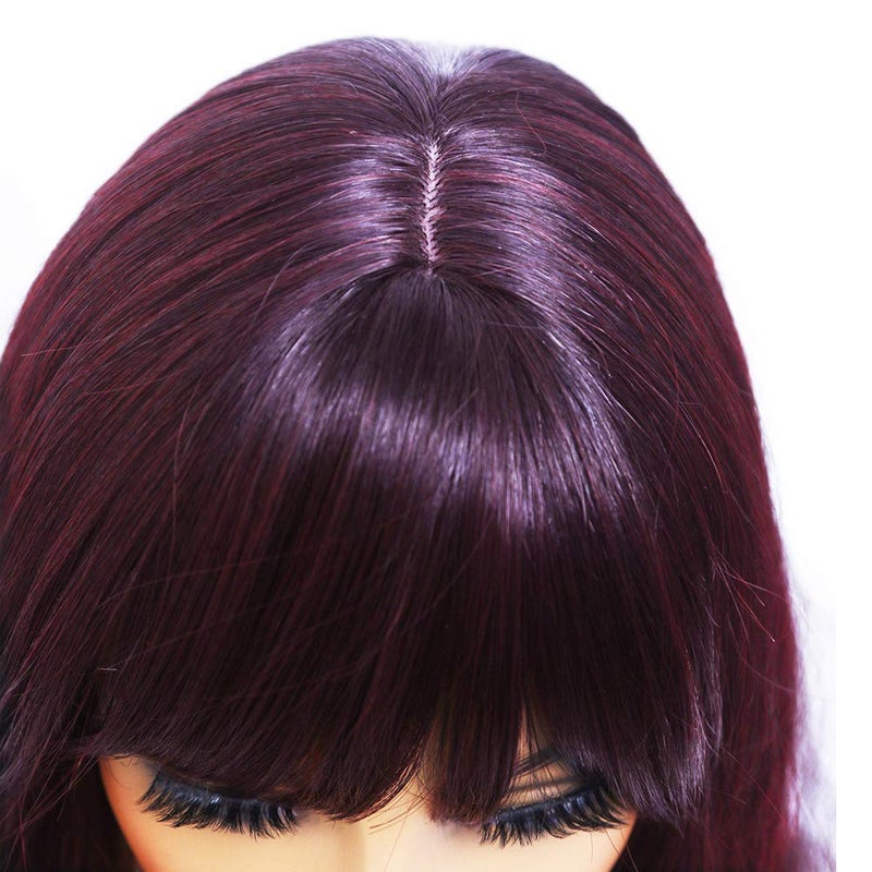 ANDRIA 99j Wig with Bangs Burgundy Wine Red Color Wigs Wet and Wavy Long Loose Curly Wave Synthetic Heat Resistant Fiber Black Ombre Burgundy Hair For Women 24 Inches - Image 4