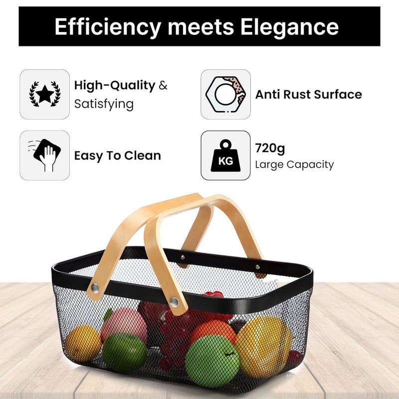 Kuber Industries Kuber Industries Rectangular Metal Mesh Basket for Storage with Wooden Handle | 720gm | Fruit Basket for Kitchen | Kitchen Organizer | Baskets for Organizing Home | Multipurpose | Black  - Image 3