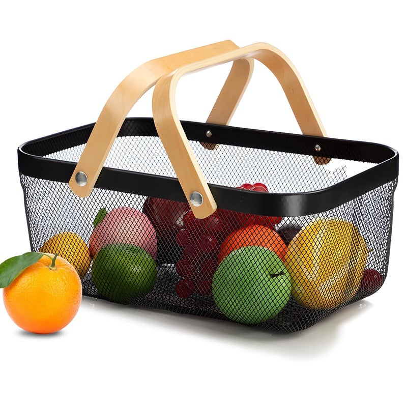 Kuber Industries Kuber Industries Rectangular Metal Mesh Basket for Storage with Wooden Handle | 720gm | Fruit Basket for Kitchen | Kitchen Organizer | Baskets for Organizing Home | Multipurpose | Black  - Image 1