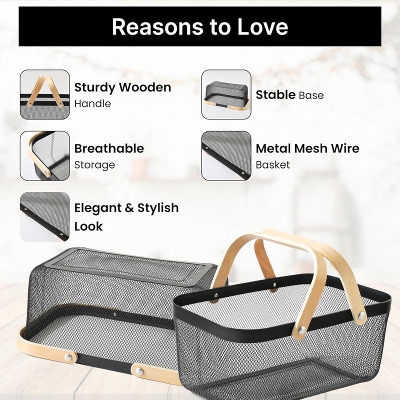 Kuber Industries Kuber Industries Rectangular Metal Mesh Basket for Storage with Wooden Handle | 720gm | Fruit Basket for Kitchen | Kitchen Organizer | Baskets for Organizing Home | Multipurpose | Black  - Image 2
