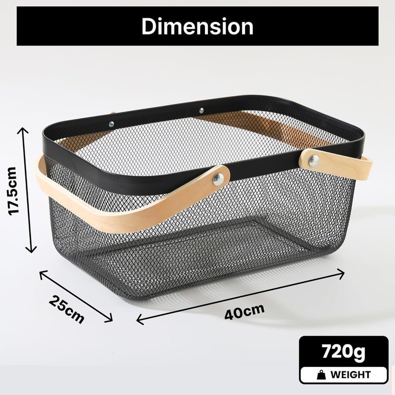 Kuber Industries Kuber Industries Rectangular Metal Mesh Basket for Storage with Wooden Handle | 720gm | Fruit Basket for Kitchen | Kitchen Organizer | Baskets for Organizing Home | Multipurpose | Black  - Image 4
