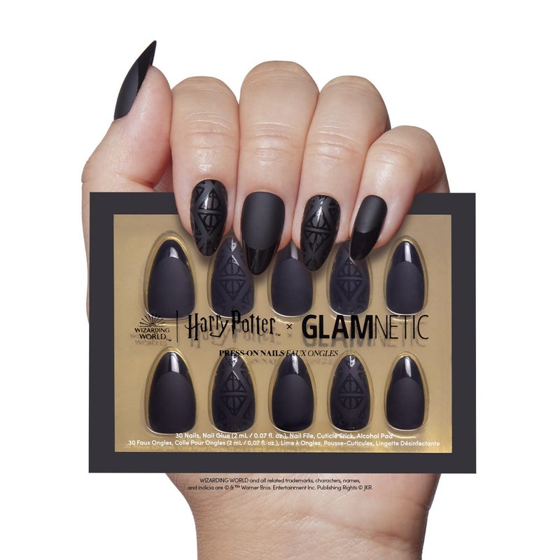 Harry Potter x Glamnetic Press On Nails  Deathly Hallows  Black Harry Potter Graphic Short Almond False Nails Reusable Stick On Fake Nails with Glue  Salon Quality  15 Sizes  30 Nail Kit