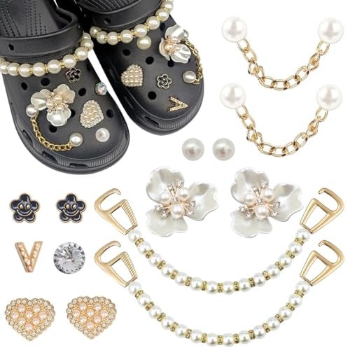 HASTHIP® 15Pcs Crocs Charms for Girls Women Cute Pearl Flower Shoe Charms Crystal Charms for Crocs Decoration Charm Accessories for Girls Women, Party Favors Birthday Gifts - Image 1