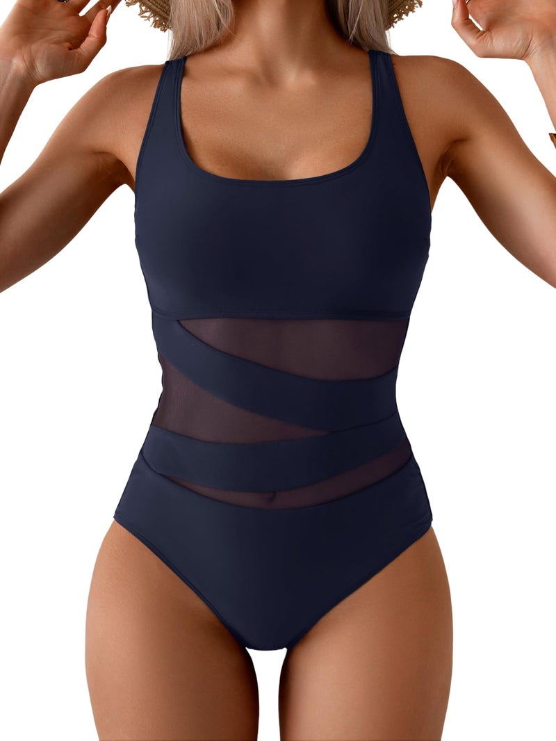 B2prity Women's Mesh One Piece Swimsuit Tummy Control Sexy Bathing Suit Push Up Swim Suit Slimming Swimwear Navy Blue - Image 1