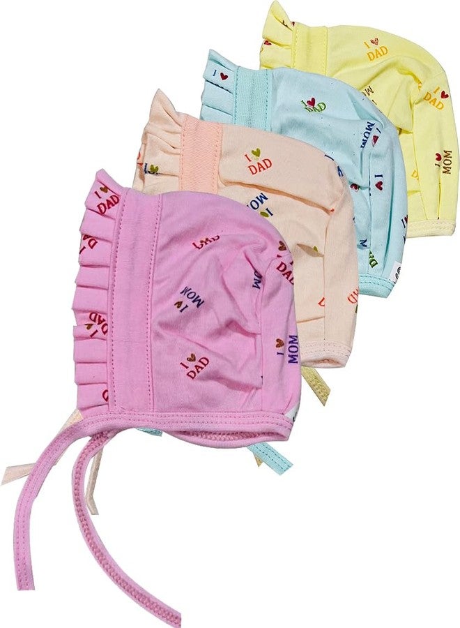 KmCho Newborn Baby jalar Cap/Hat/Topi, Printed, Pure Hosiery Cotton Soft Fabric- Soft & Breathable | Cozy, Lightweight & Stretchable | Unisex Baby Cap for Everyday Comfort - 4 Pcs - DN 2 - Image 1