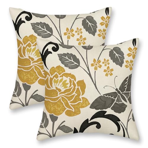 DAFENA Spring Pillow Covers 18x18 Inch 2 Pcs Mustard Yellow Vintage Floral Decor Throw Pillows Grey Butterfly Flower Leaves Seasonal Outdoor Decoration Pillowcase Linen Cushion Cover for Couch Sofa - Image 1