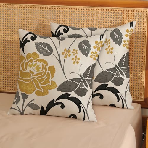 DAFENA Spring Pillow Covers 18x18 Inch 2 Pcs Mustard Yellow Vintage Floral Decor Throw Pillows Grey Butterfly Flower Leaves Seasonal Outdoor Decoration Pillowcase Linen Cushion Cover for Couch Sofa - Image 3