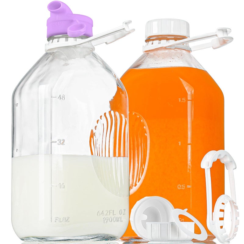 Ritayedet 2 Pack 64 Oz Heavy Duty Glass Milk Bottle with Dispenser Cap and Reusable Airtight SCREW LID 2 Qt Glass Water Bottle with 2 Exact Scale Lines  Milk Jug Pitcher  12 Gal Juice Bottles 