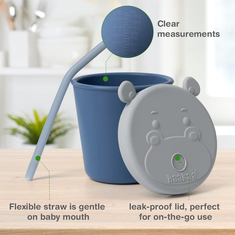 haakaa Jolly Hippo Baby Straw Cup, Food Grade Silicone Baby Training Sippy Cups for Infant 6+ months, BPA Free First Open Cup&Snack Container for Toddlers, 5oz (Bluestone) - Image 2