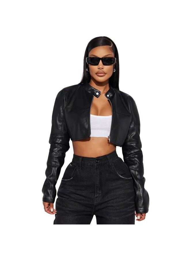 CHARYEAH Women's Faux Leather Jacket Cropped Leather Jacket Women Bomber Motorcycle Jacket y2k Jacket, Black, XXL - Image 1