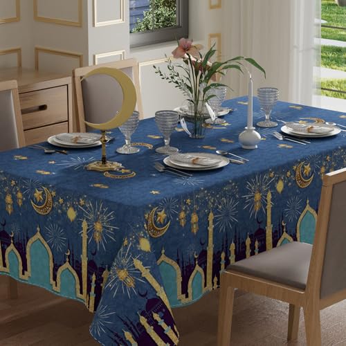 XCHI Green Castle Golden Lantern Stars and Moons Ramadan Mubarak Tablecloth Rectangle Table Cloth Table Covers for Indoor Dining Home Party Decorations 60x84 Inch - Image 1
