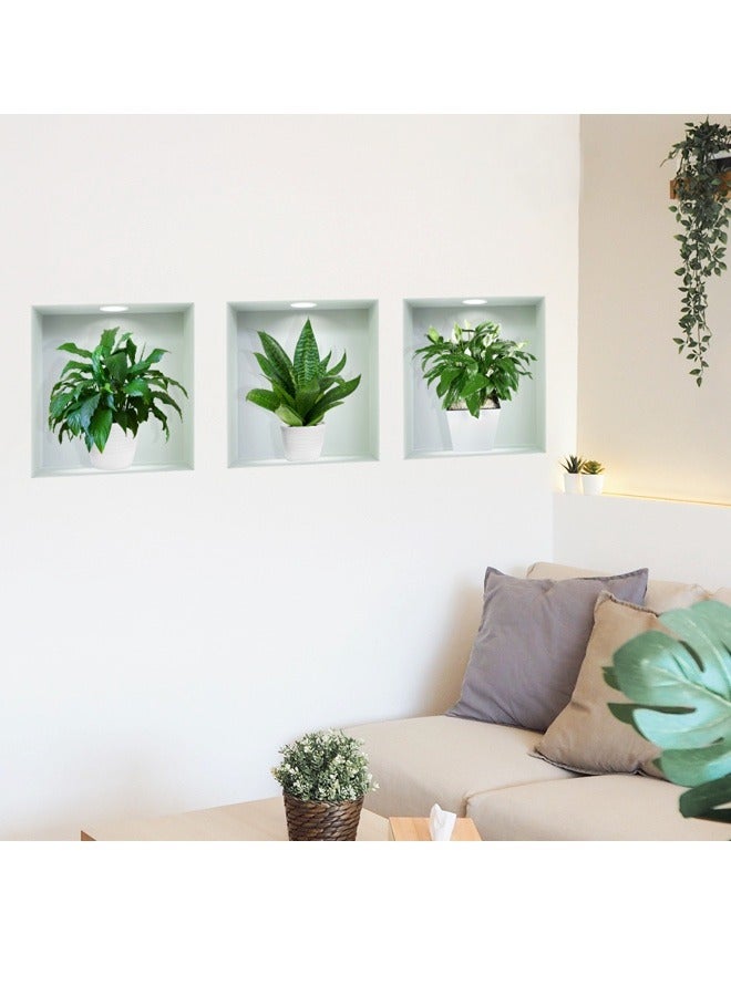 3D Green Plant Pot Fresh and Environmental-friendly PVC Self-adhesive Triptych Wall Sticker, Light up Porch and Living Room - Image 4
