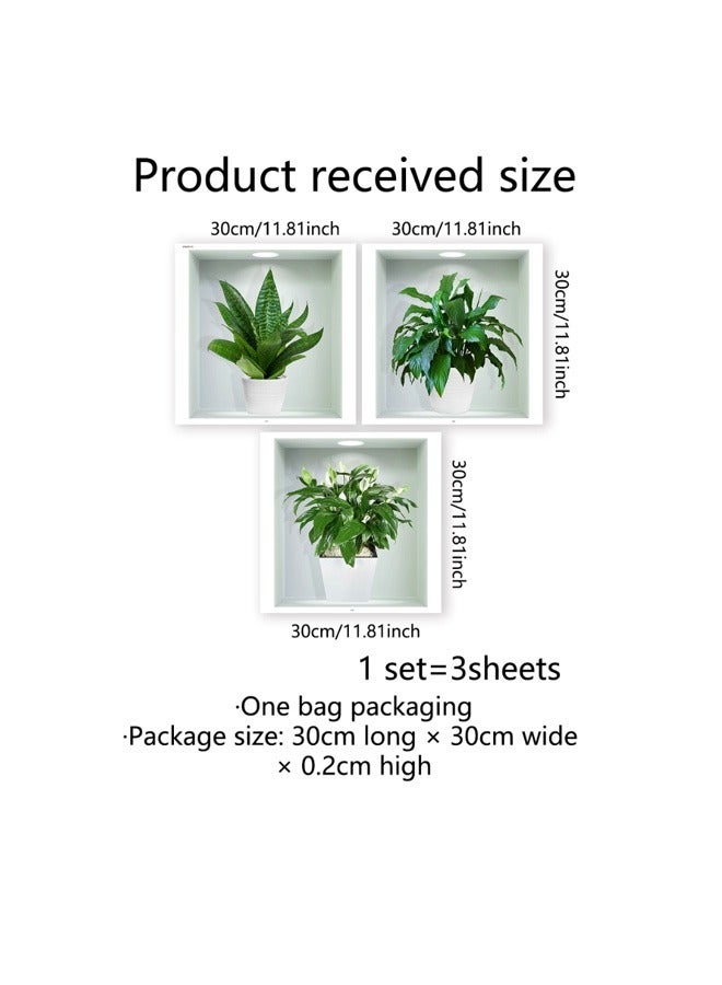 3D Green Plant Pot Fresh and Environmental-friendly PVC Self-adhesive Triptych Wall Sticker, Light up Porch and Living Room - Image 5