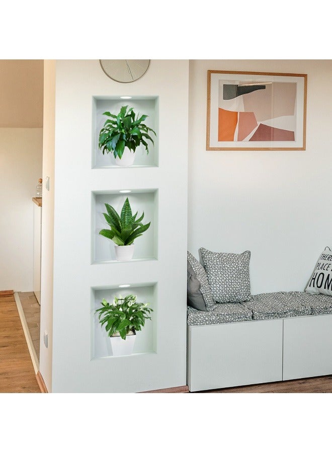 3D Green Plant Pot Fresh and Environmental-friendly PVC Self-adhesive Triptych Wall Sticker, Light up Porch and Living Room - Image 1
