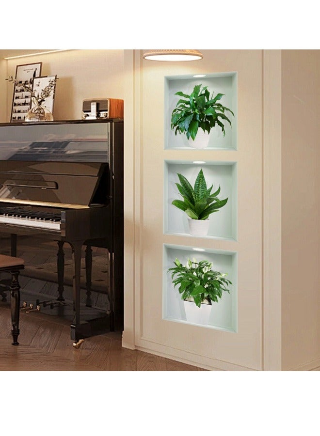 3D Green Plant Pot Fresh and Environmental-friendly PVC Self-adhesive Triptych Wall Sticker, Light up Porch and Living Room - Image 2